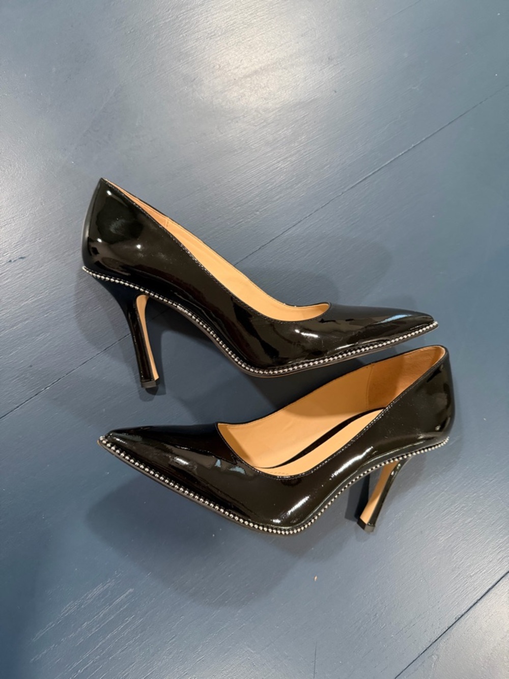 Coach Black Patent Leather Pointed Toe Pumps w/ Silver Studded Trim